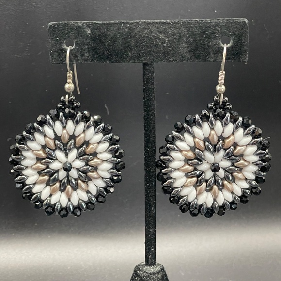 Hand Crafted Jewelry - Czech Glass Bead Stitched Medallion Beaded Pierced Earrings